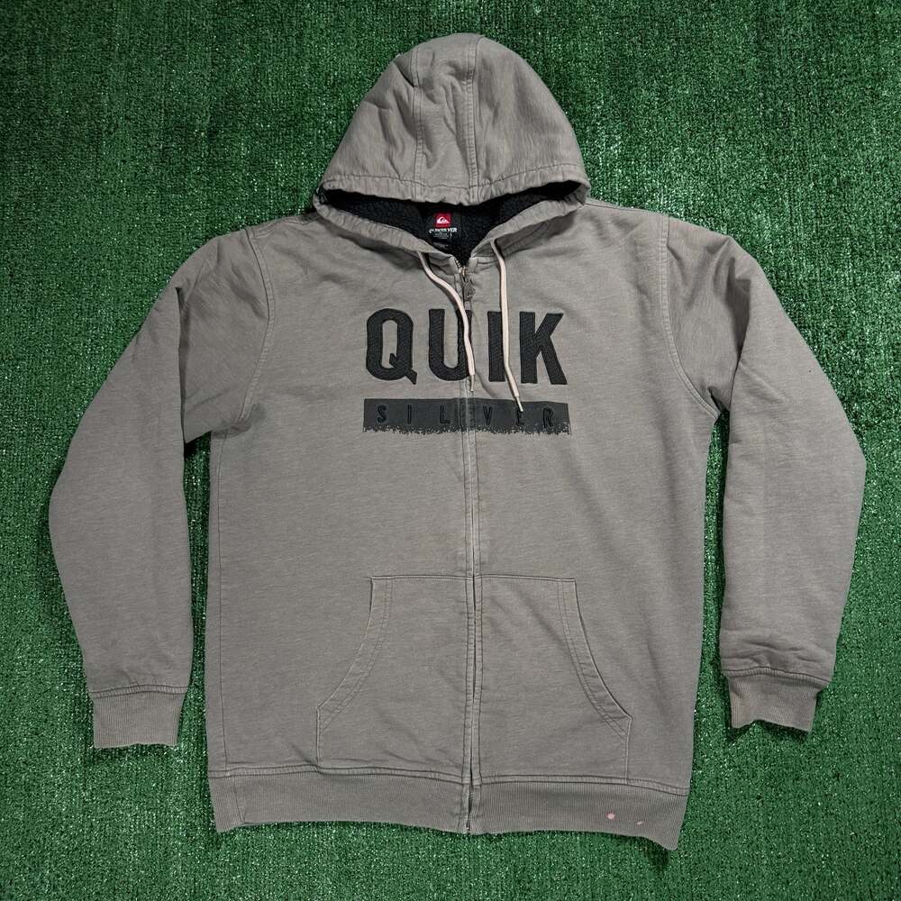 Y2K Mens Quiksilver Sherpa Lined Full Zip Hoodie Gray XL Skater Surf